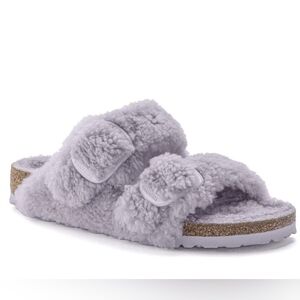 NWOT Big Buckle Teddy Birkenstock Arizona Two Strap Sandals Purple Fog S…